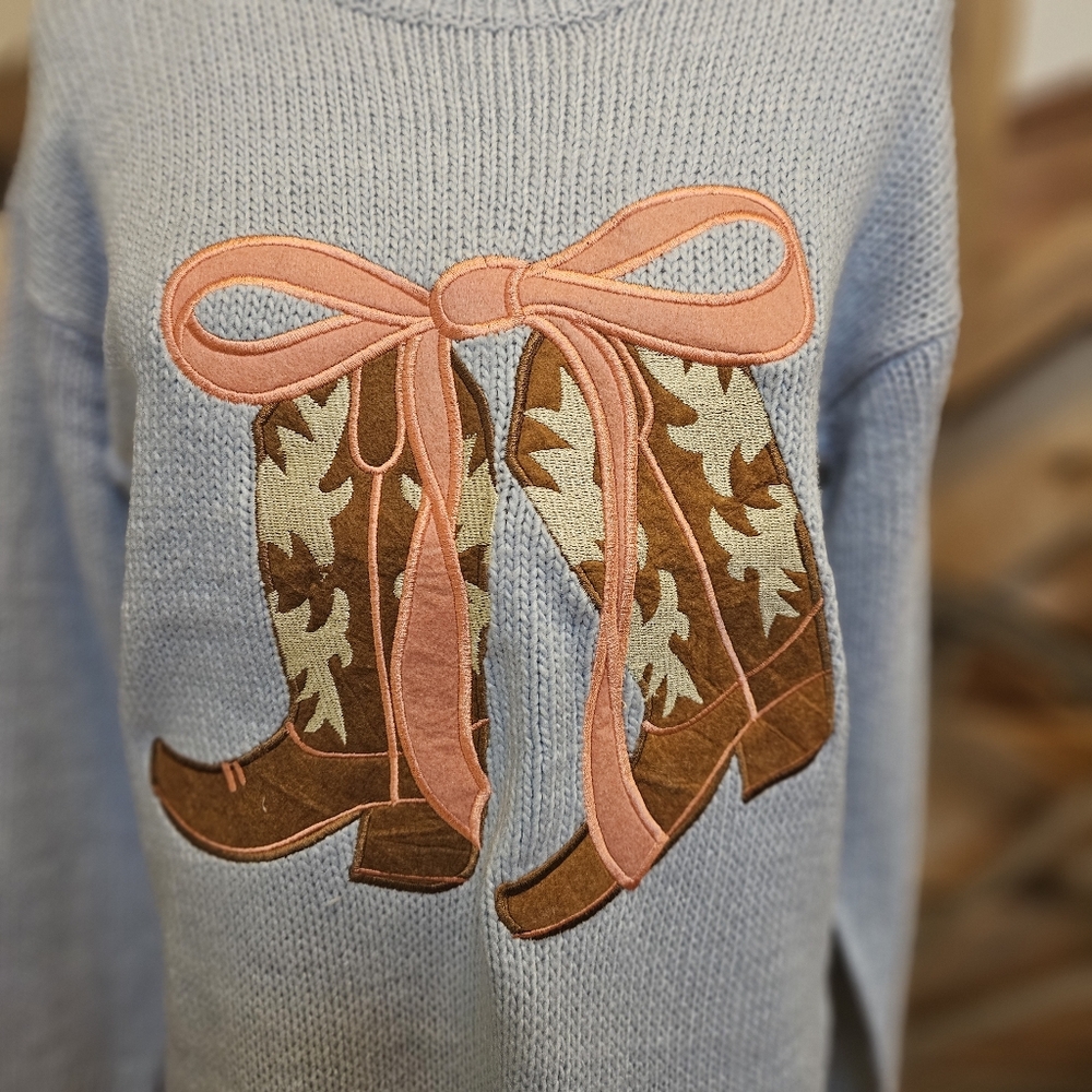 Aqua Blu Light Blue Sweater with Pink Boot Design - Picture 4 of 9
